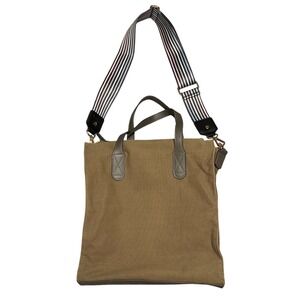 Erin Condren Canvas Tote Bag Taupe Green Brown Leather Trim Adjustable Strap